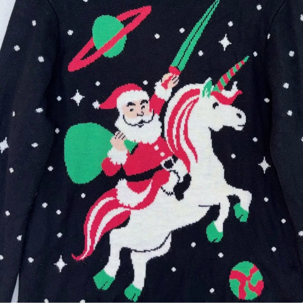 TIPSY ELVES‎ Ugly Christmas Sweater Santa Unicorn Black Long Sleeve Crew Neck XL